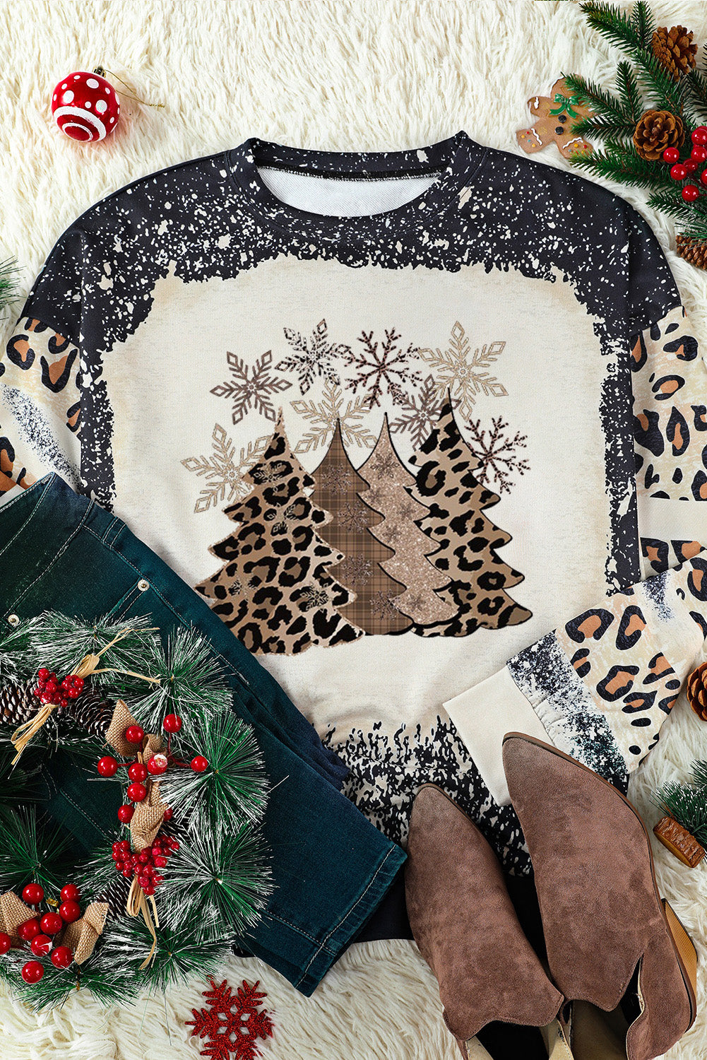 Christmas Tree Leopard Color Block Pullover Sweatshirt