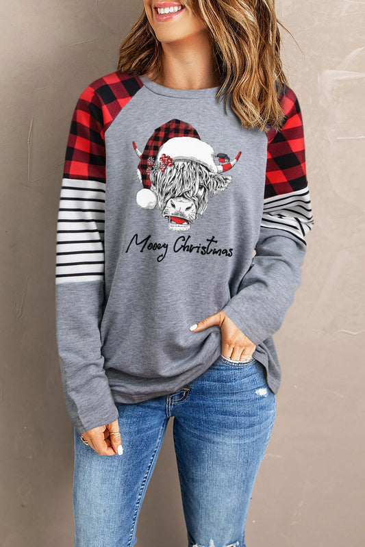 Mooey Christmas Cow Print Plaid Striped Graphic Long Sleeve Top