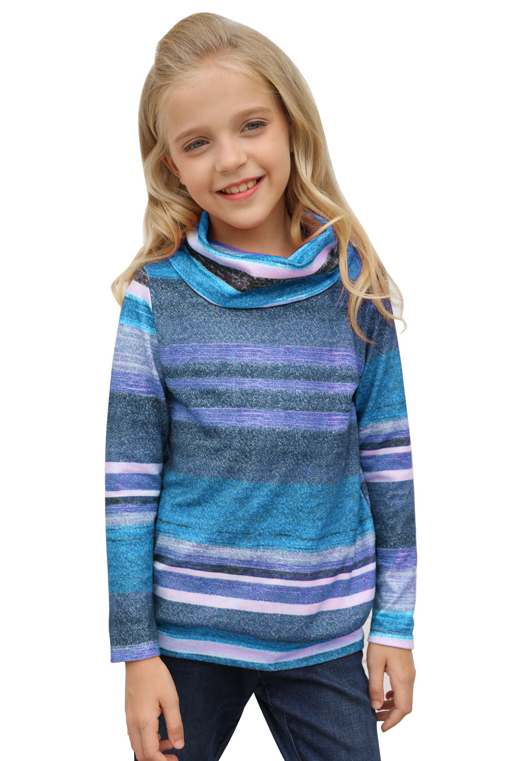 Multicolor Cowl Neck Girl's Striped Sweatshirt