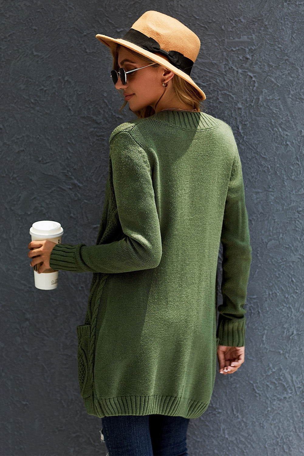 Green Front Pocket and Buttons Closure Cardigan