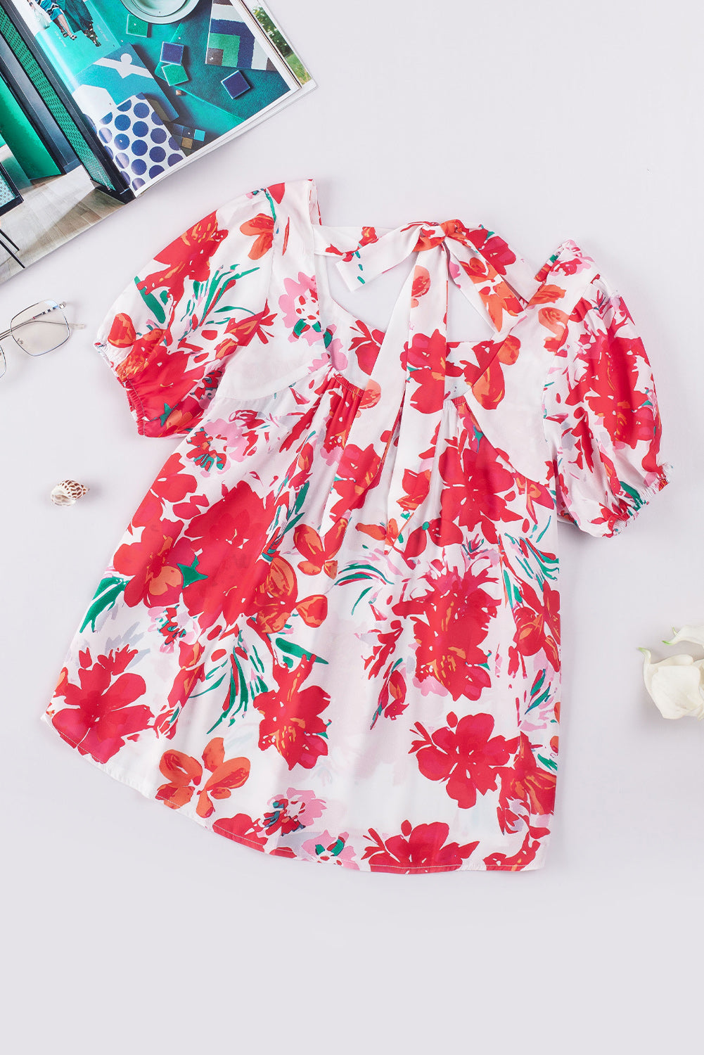Red Floral Printed Square Neck Blouse