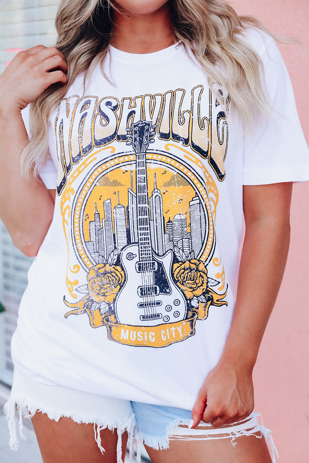 Music City NASHVILLE Guitar Floral Print Graphic T Shirt