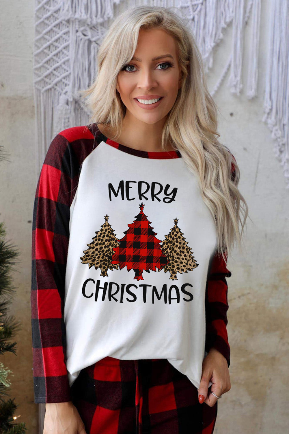 MERRY CHRISTMAS Trees Plaid Print Two Piece Lounge Set