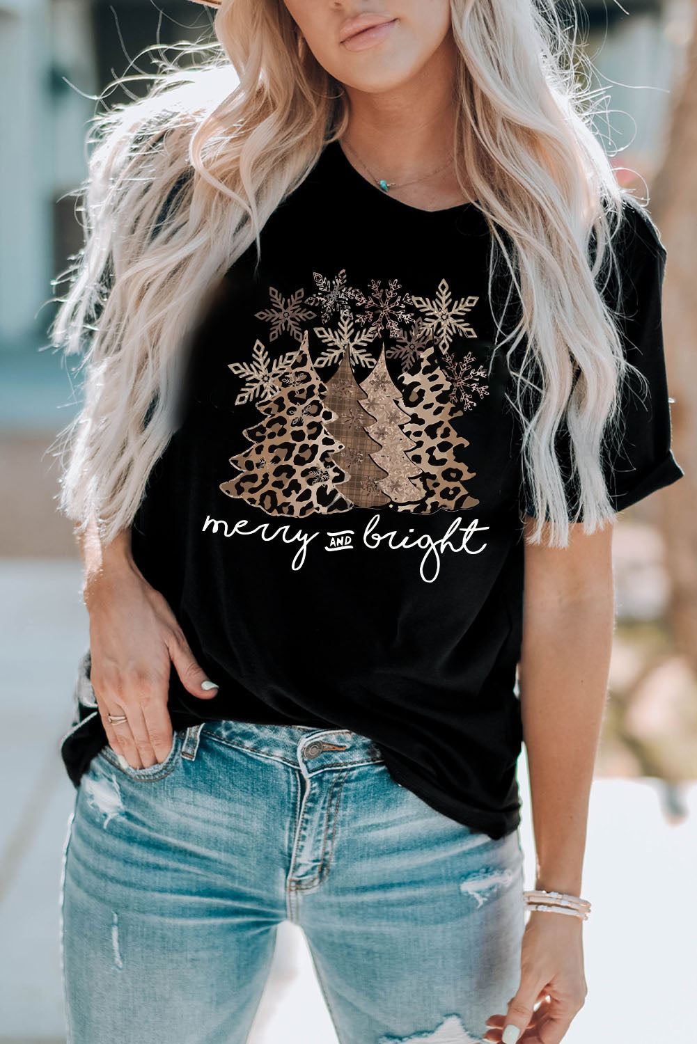 Leopard Christmas Tree Graphic Print Crew Neck T Shirt