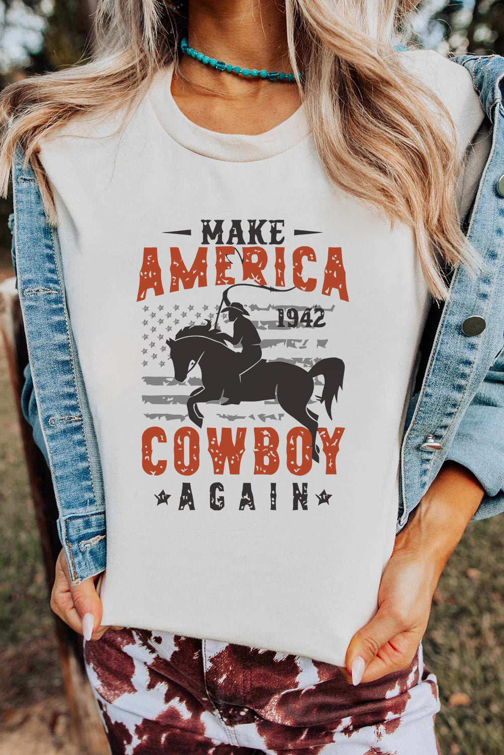 America Cowboy Graphic Print Crew Neck T Shirt