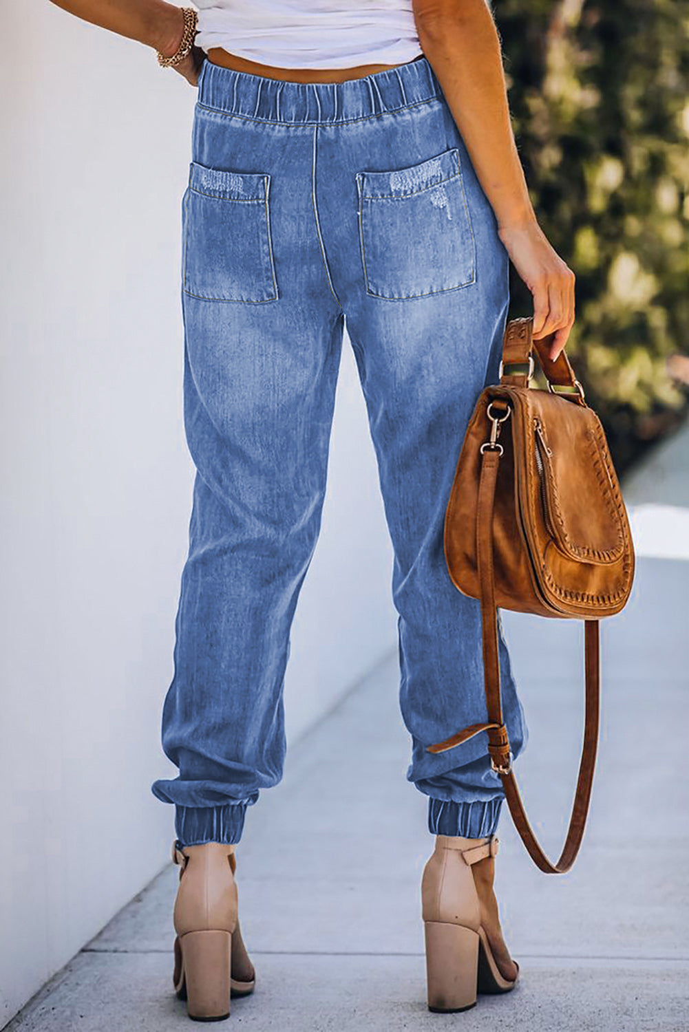 Sky Blue Pocketed Distressed Denim Joggers