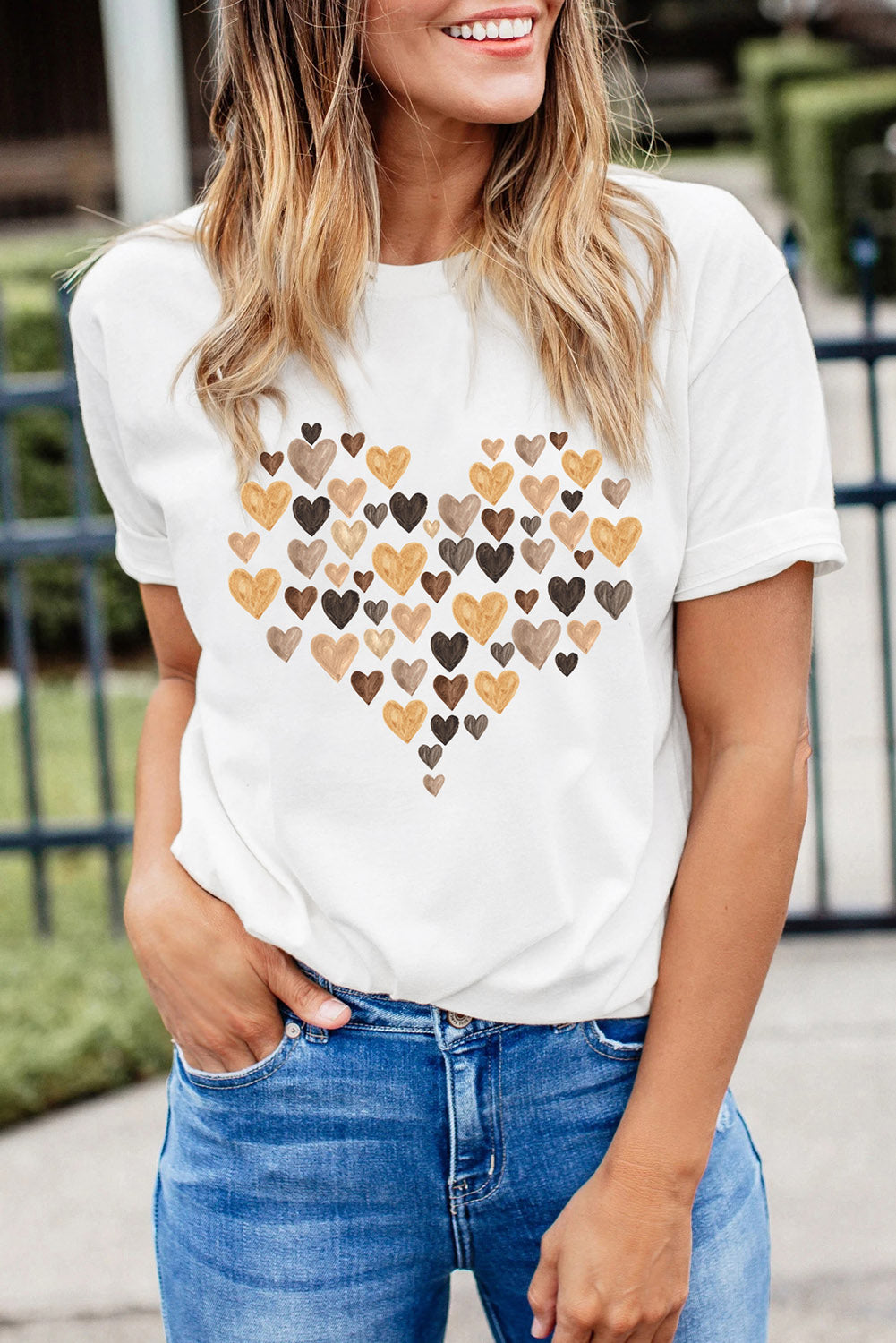 Valentines Day Heart Shaped Print Crew Neck Graphic Tee