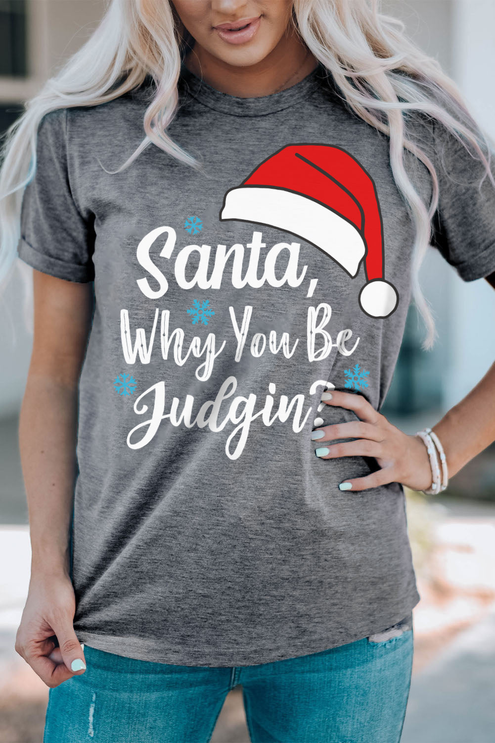 Christmas Santa Hat Snowflake Letter Print Graphic Tee