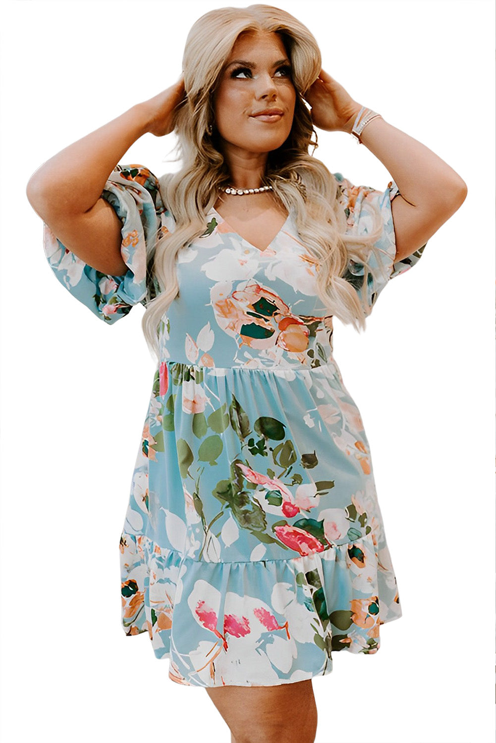 Floral Print Ruffled Puff Sleeve Plus Size Mini Dress