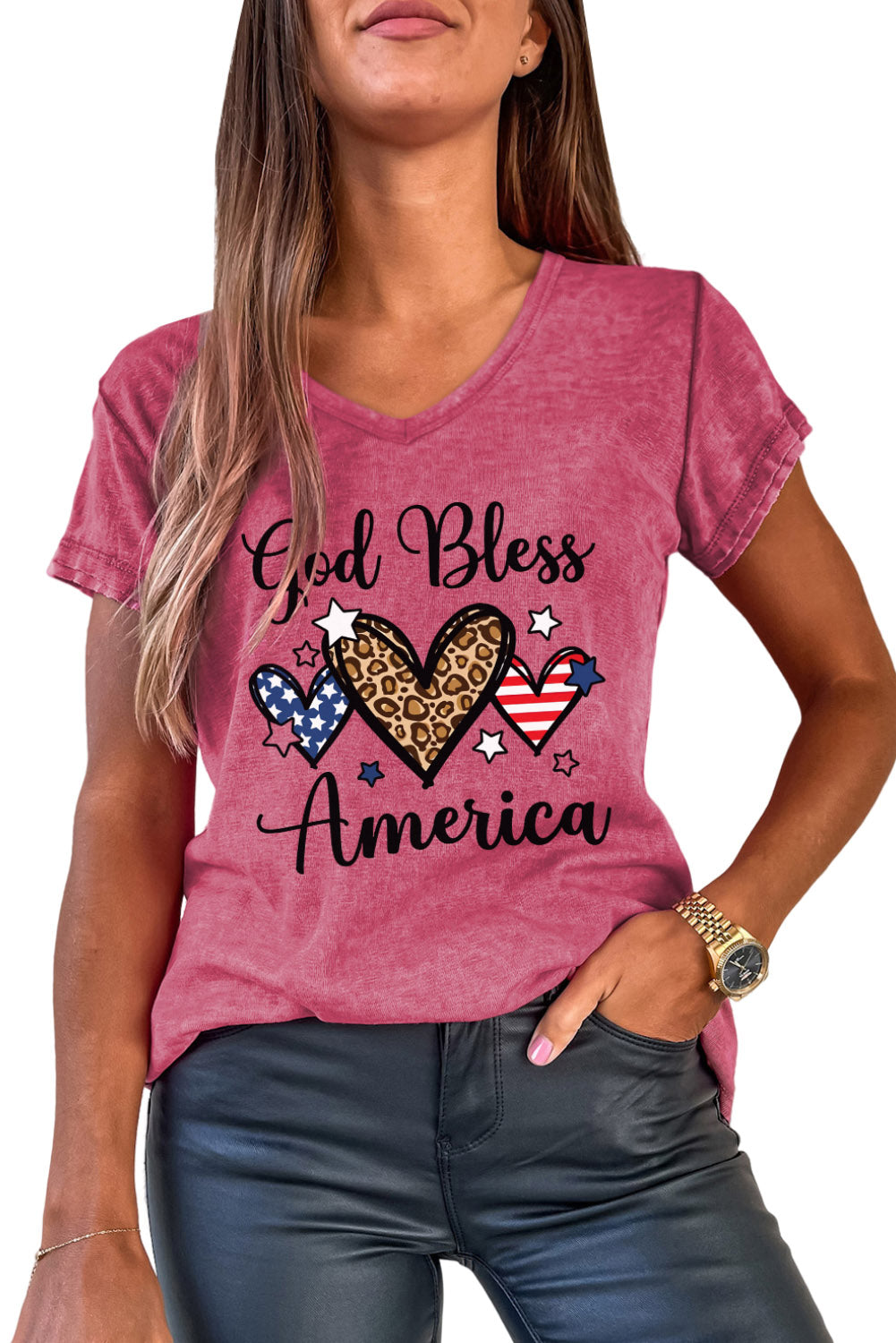 God Bless America Heart Shape Print V Neck T Shirt