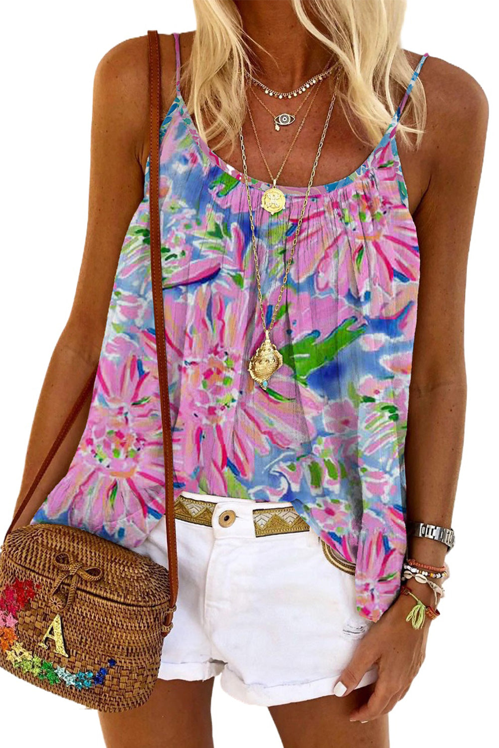 Abstract Floral Print Loose Fit Spaghetti Strap Tank Top