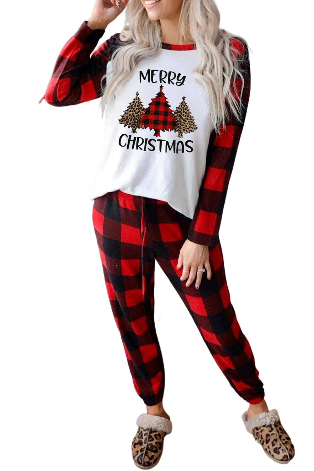 MERRY CHRISTMAS Trees Plaid Print Two Piece Lounge Set