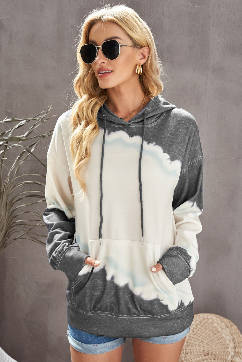 Gray Hooded Tie Dye Print Pocket Casual Sweatshirt