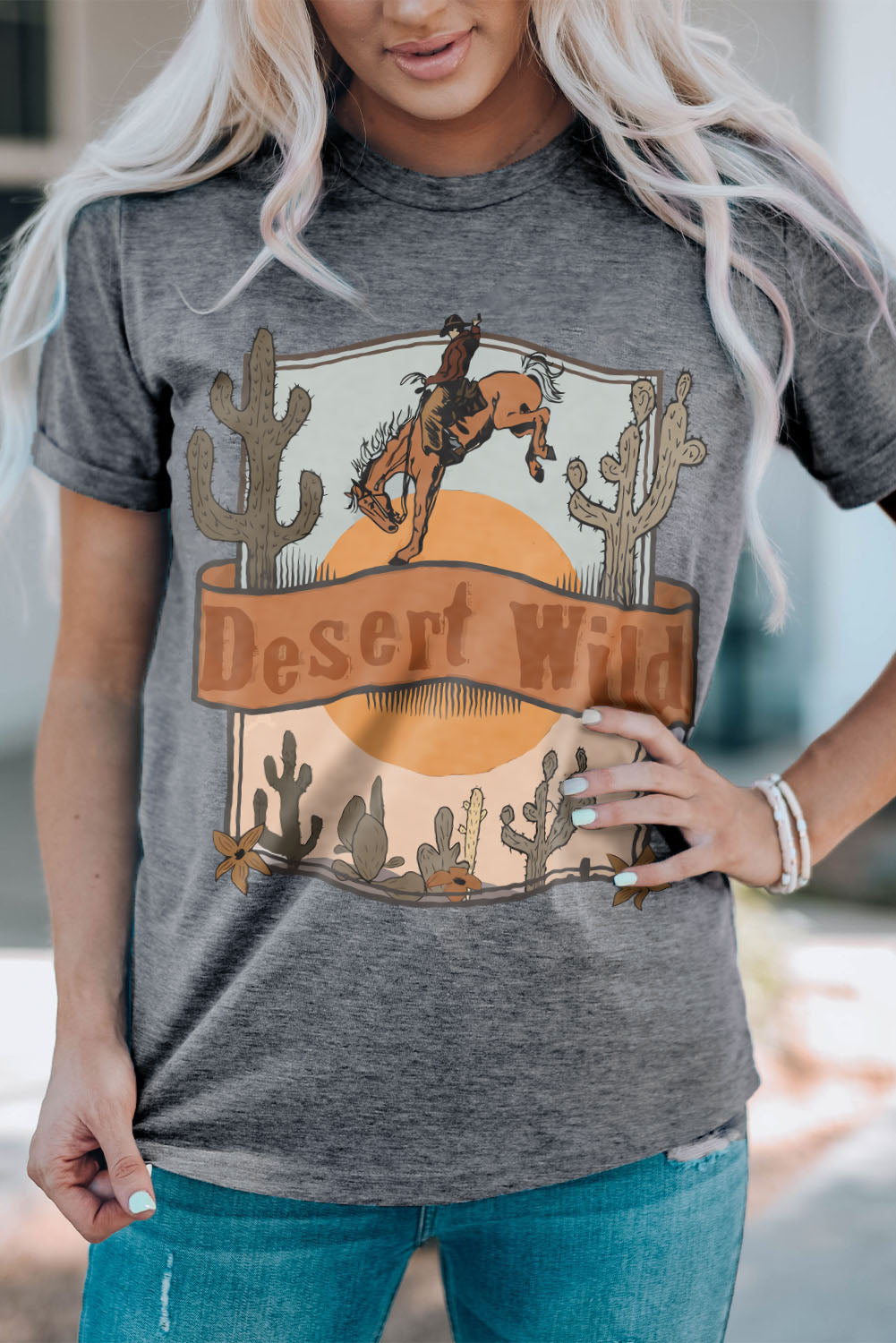 Desert Wild Cowboy Cactus Print Short Sleeve Graphic Tee