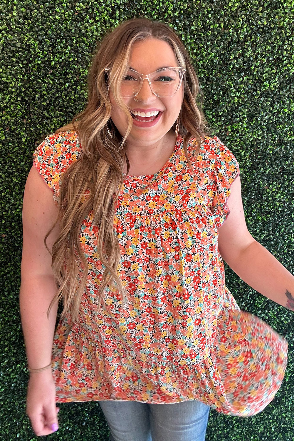 Multicolor Plus Size Boho Floral Print Ruffle Tiered Top