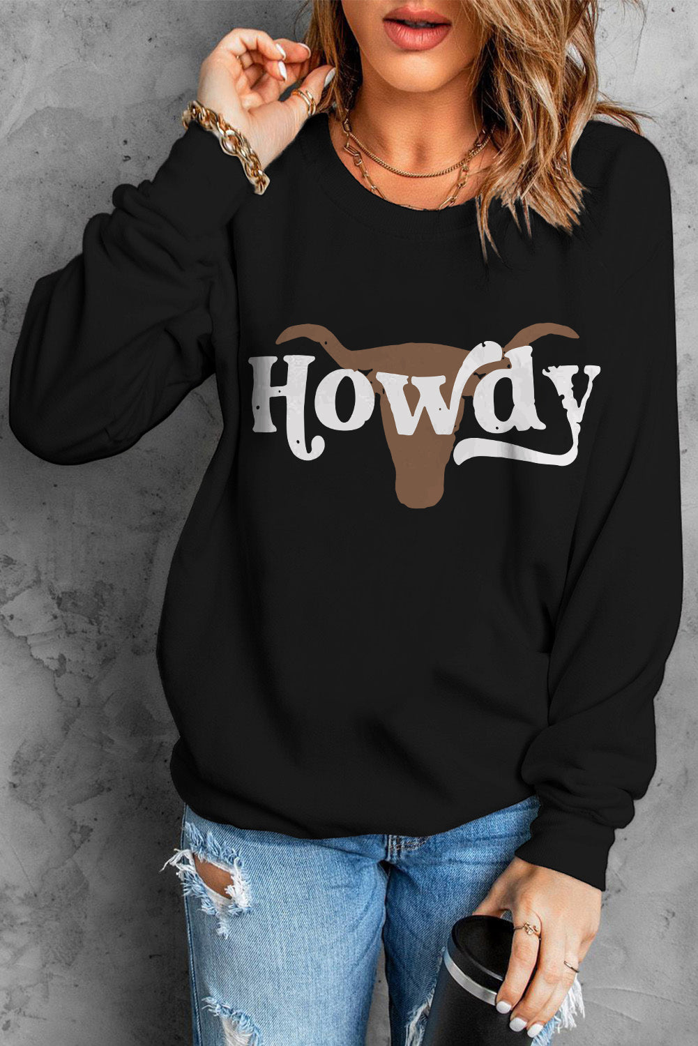 HOWDY Steer Head Print Long Sleeve Sweatshirt