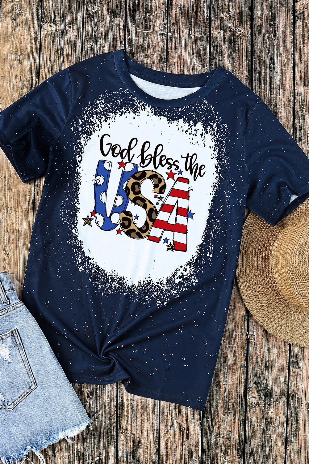 God Bless the USA Print Bleach Short Sleeve T-Shirt