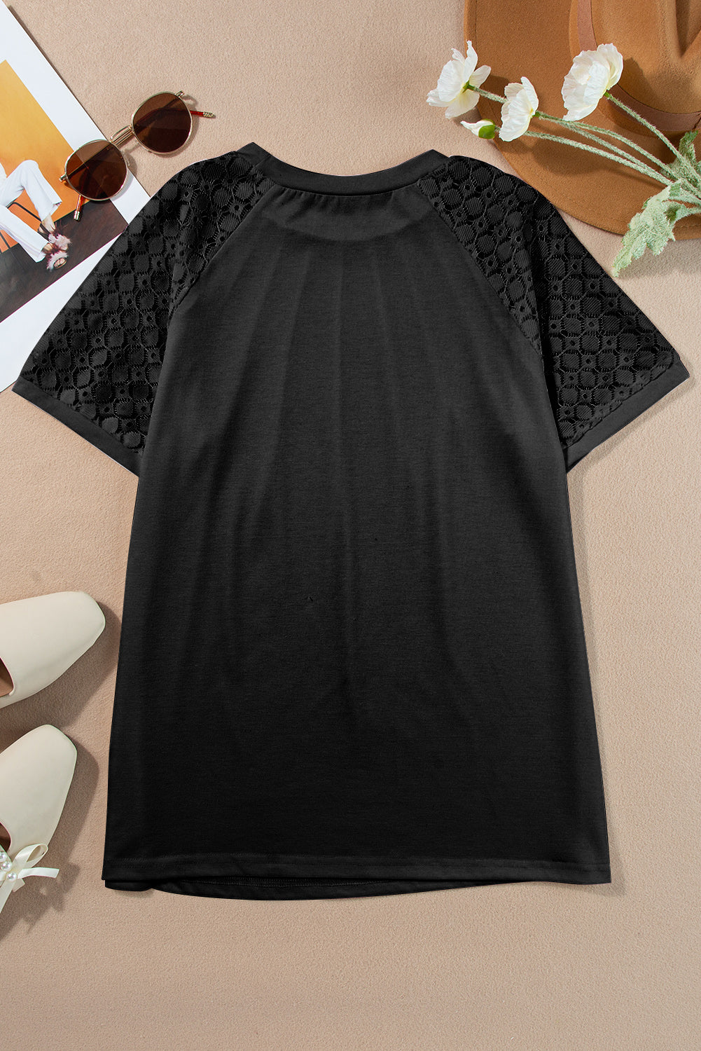 Blackish Green Seamed Detail Contrast Lace Raglan Sleeve Tee