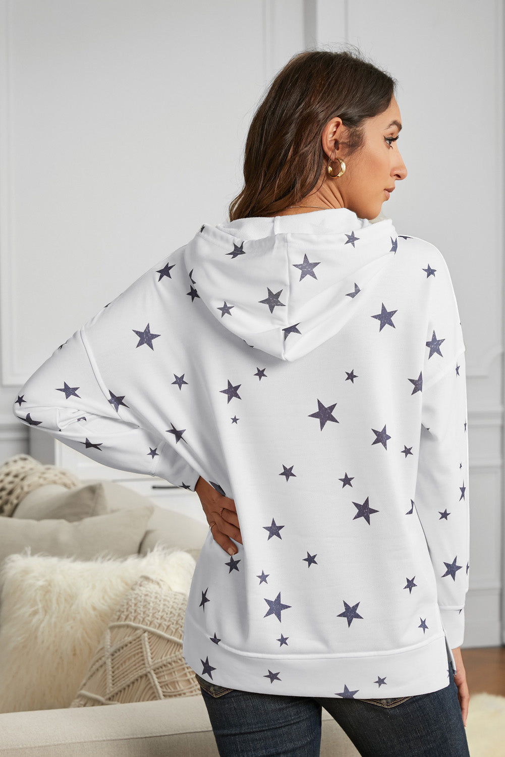 White Star Print Hoodie with Side Slits