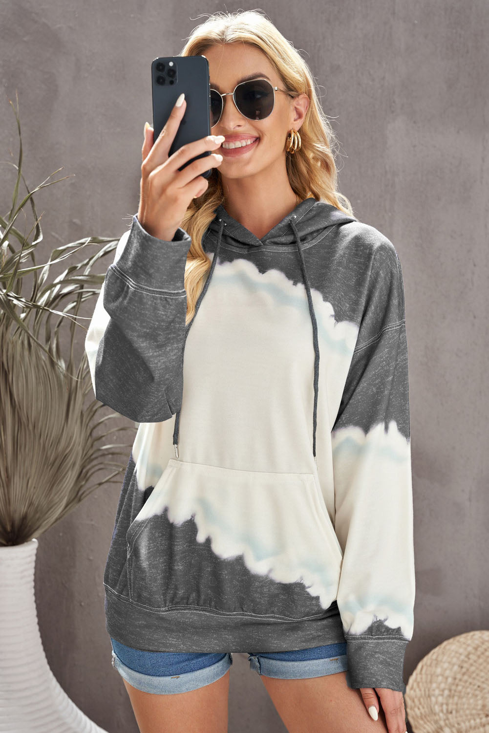 Gray Hooded Tie Dye Print Pocket Casual Sweatshirt