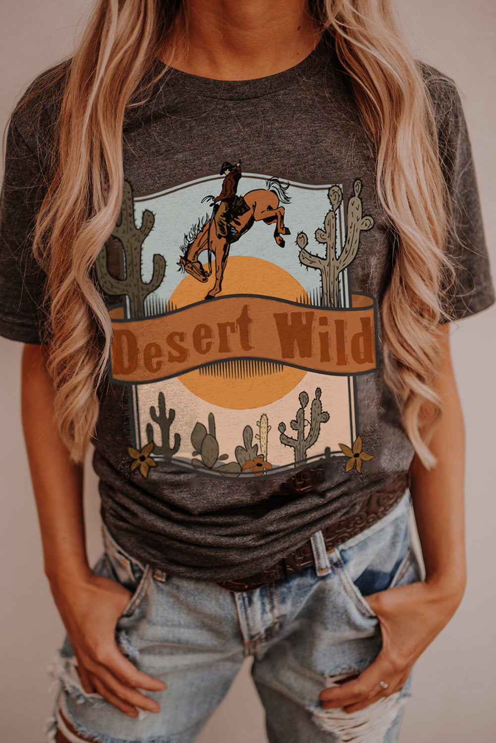 Desert Wild Cowboy Cactus Print Short Sleeve Graphic Tee