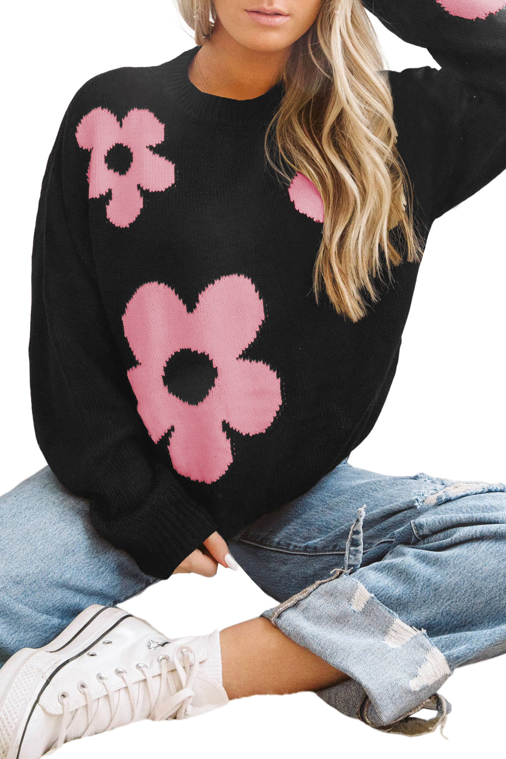 Black Big Flower Pattern Knit Sweater