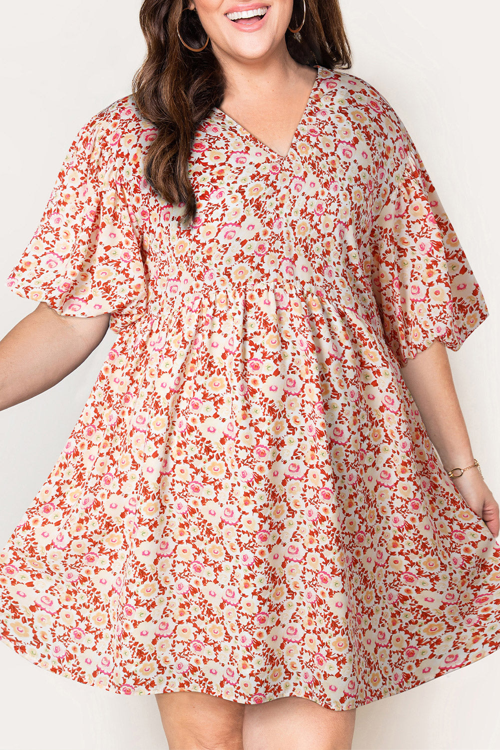 Multicolor Plus Size Floral Print Puff Sleeves Dress