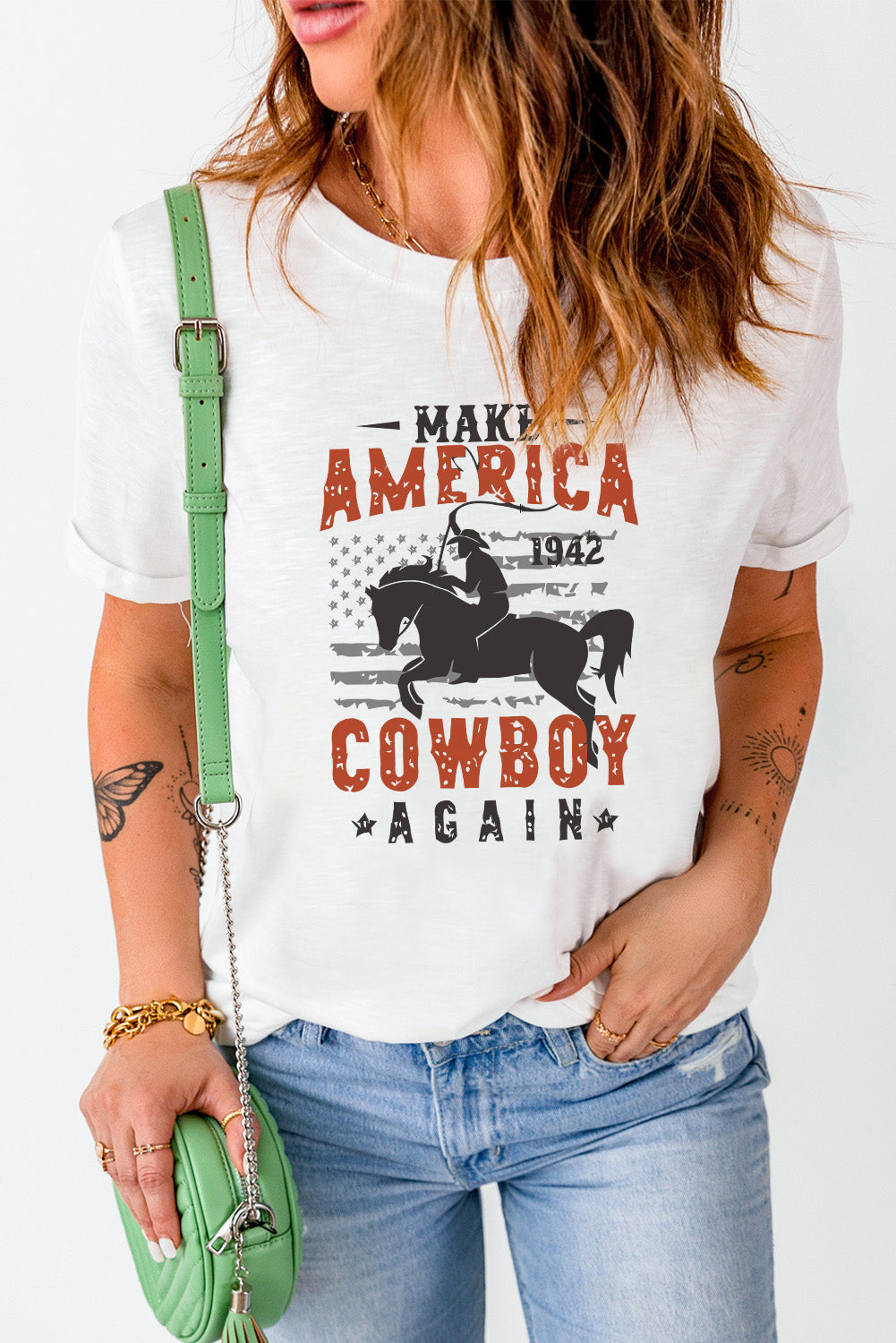 America Cowboy Graphic Print Crew Neck T Shirt