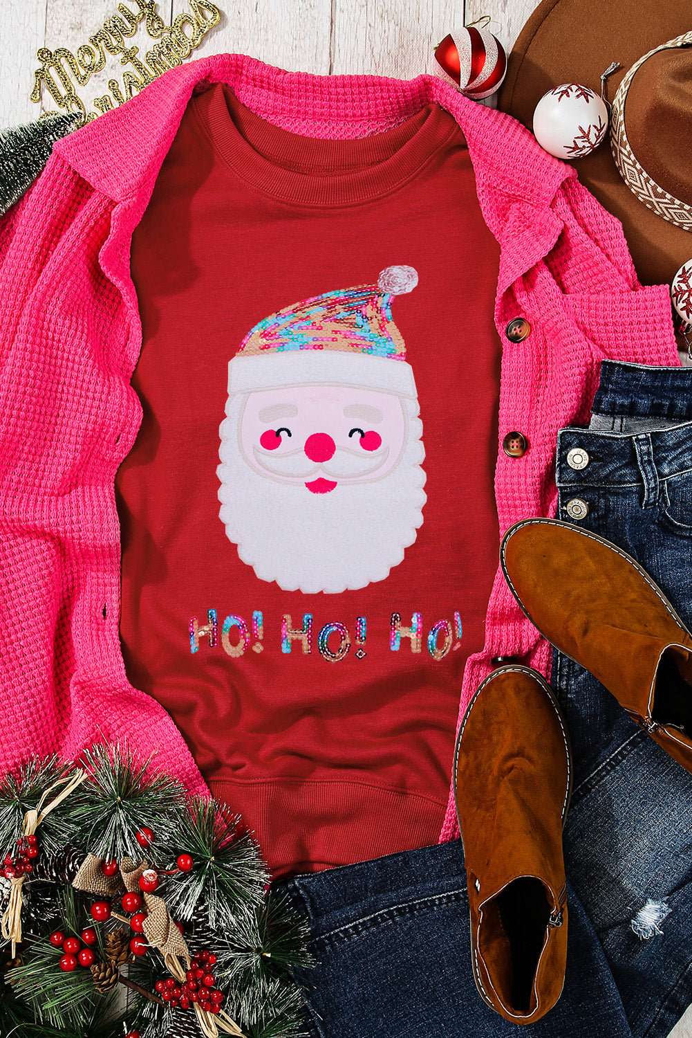 Fiery Red HO HO HO Sequined Santa Claus Sweatshirt