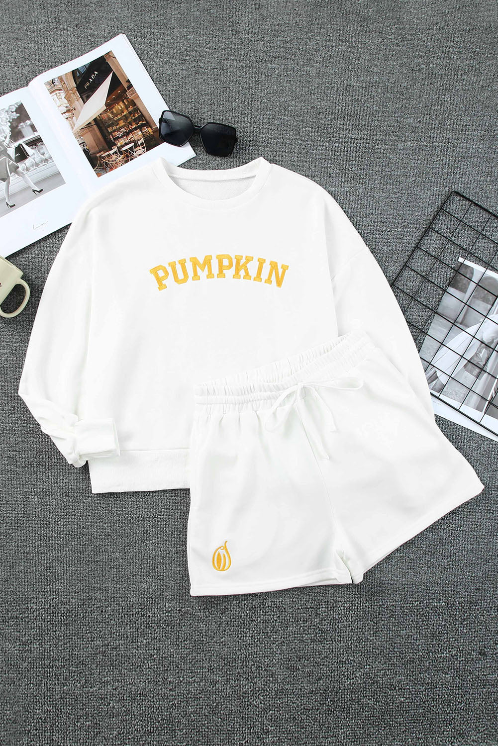 PUMPKIN Flocking Graphic Pullover Sweatshirt and Shorts Set