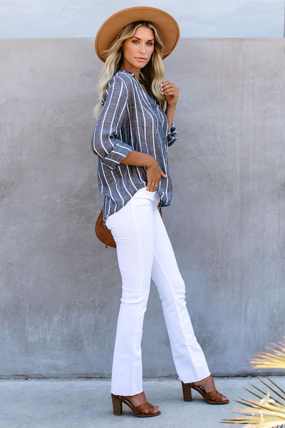 Multicolor Striped V Neck Pocket Long Sleeve Top