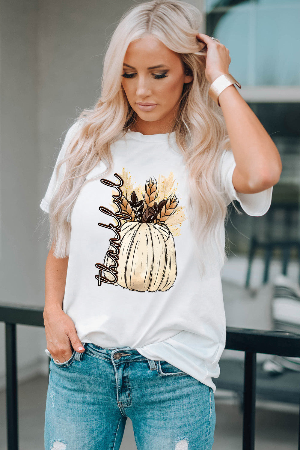 White Harvest Pumpkin Graphic Thanksgiving Tee