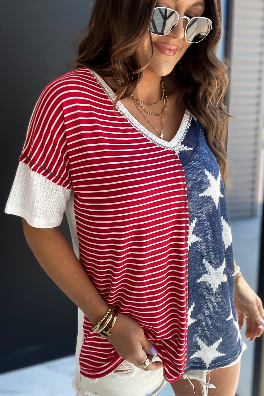 Blue Stripes Stars Print Knit Short Sleeves Top