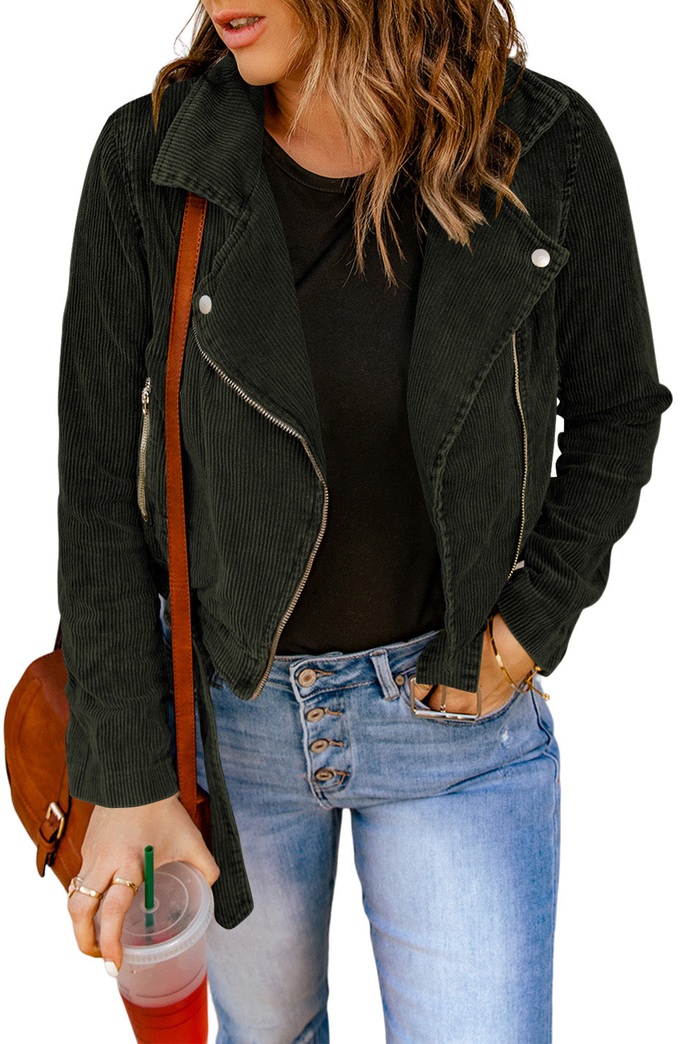 Buckle Belted Zip Up Corduroy Jacket