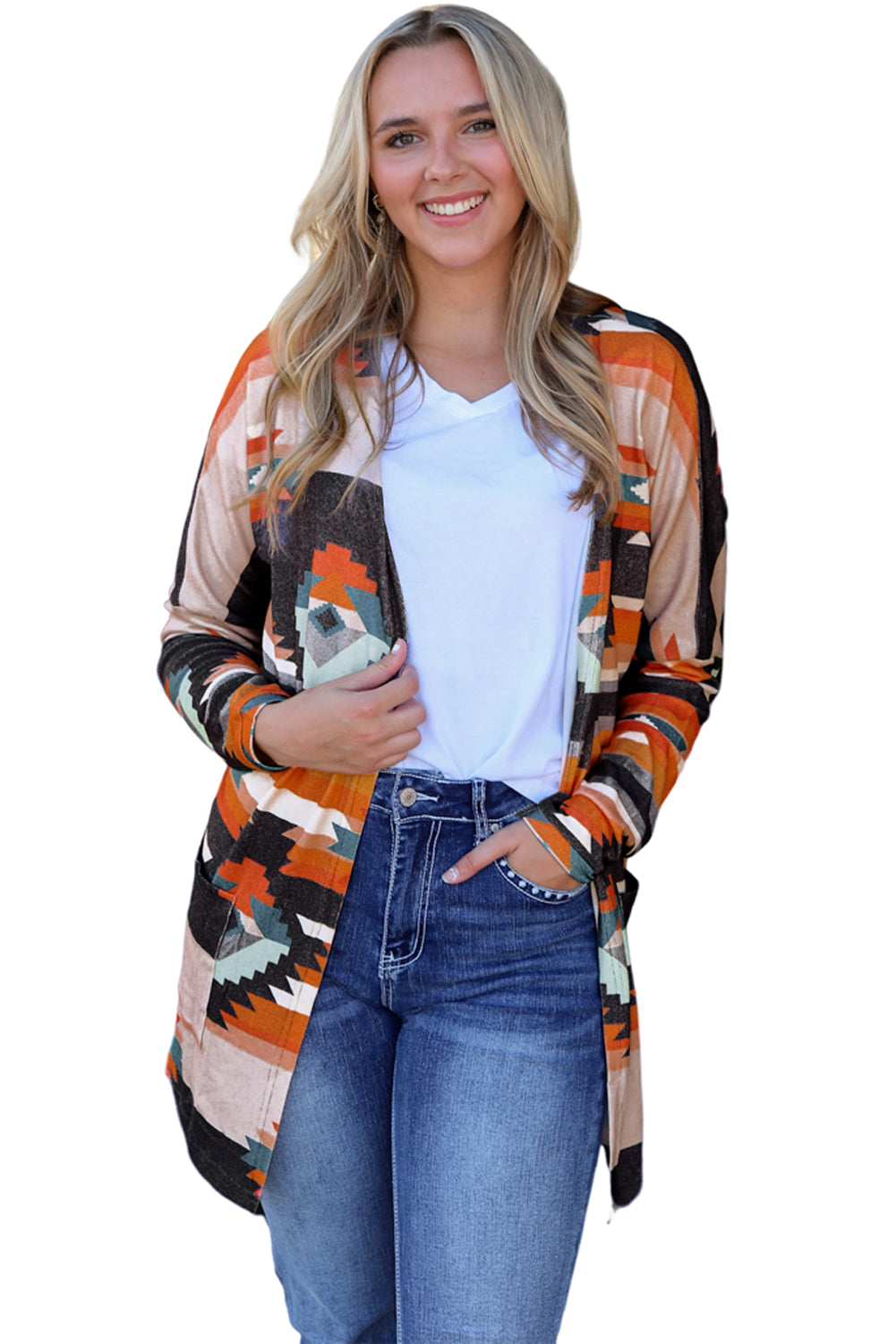 Orange Western Tribal Aztec Print Cardigan