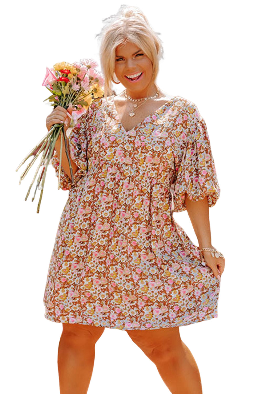 Multicolor Plus Size Floral Print Puff Sleeves Dress