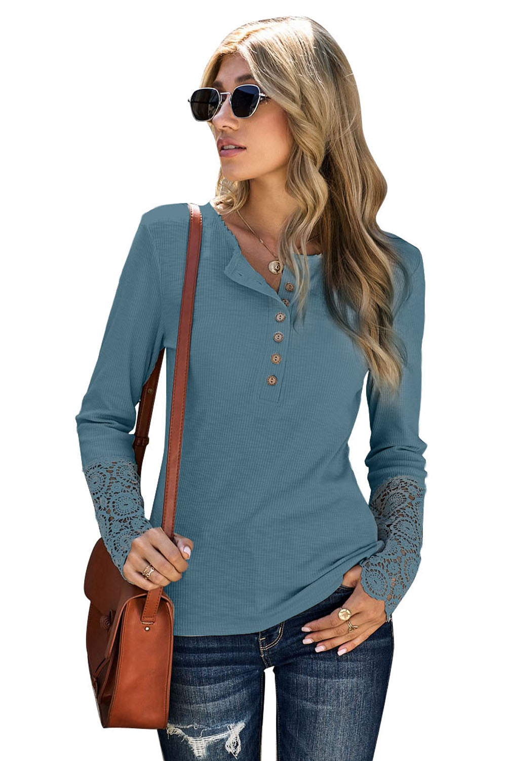 Crochet Lace Hem Sleeve Button Top