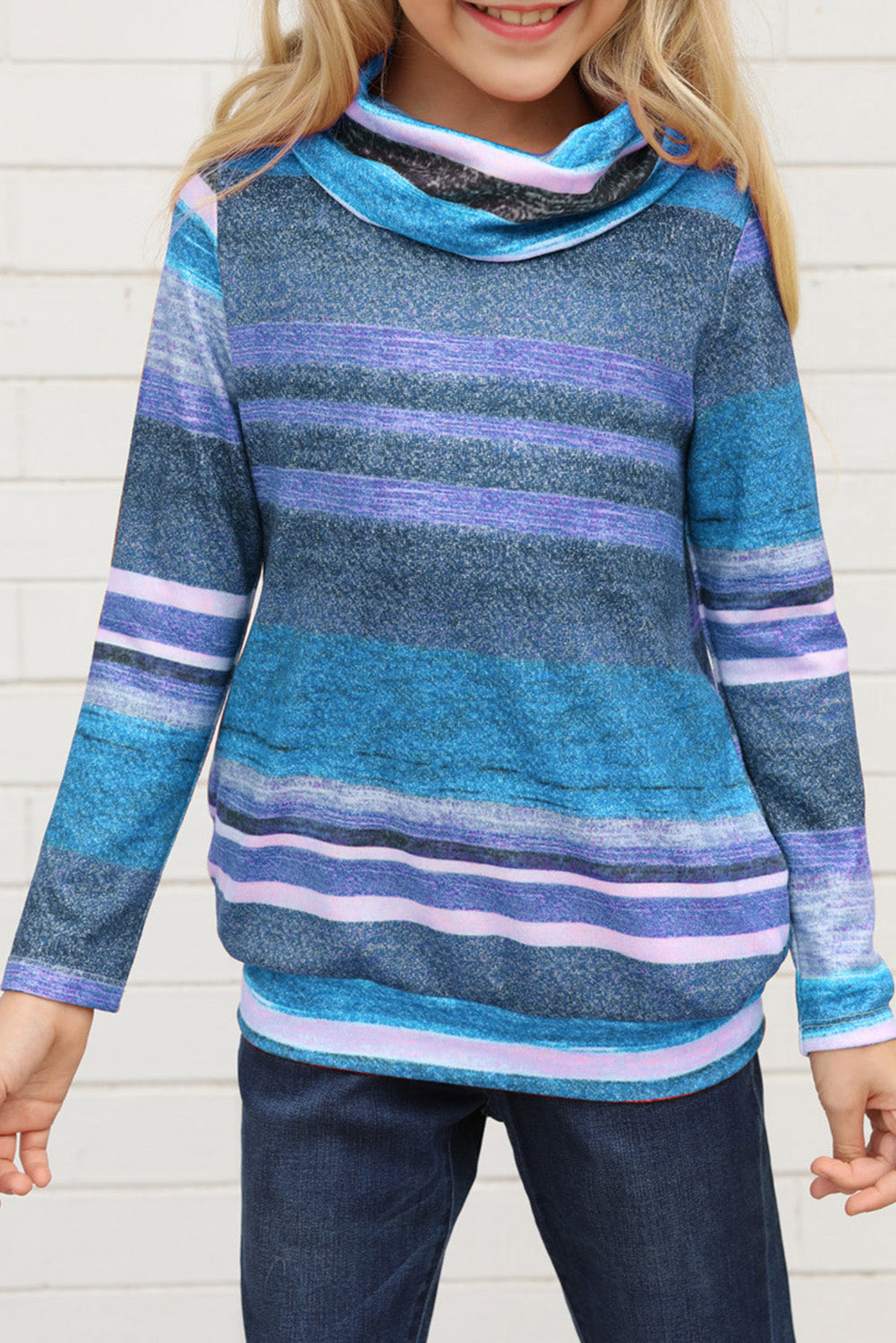 Multicolor Cowl Neck Girl's Striped Sweatshirt