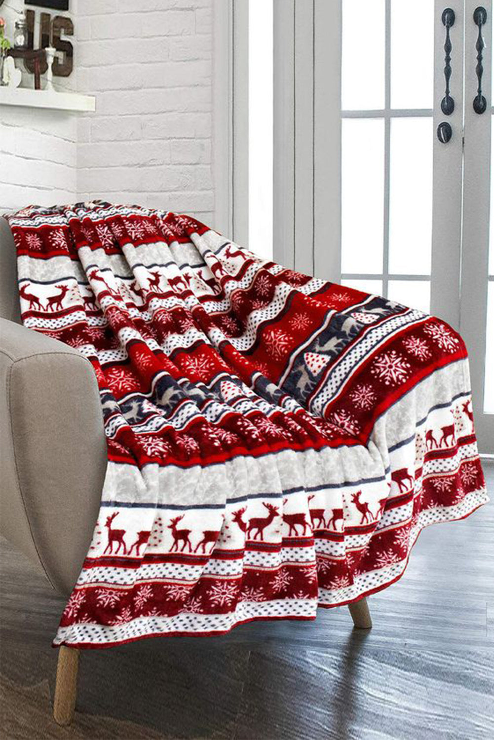 Christmas Elk Print Reversible Sherpa Fleece Blanket 130*150cm