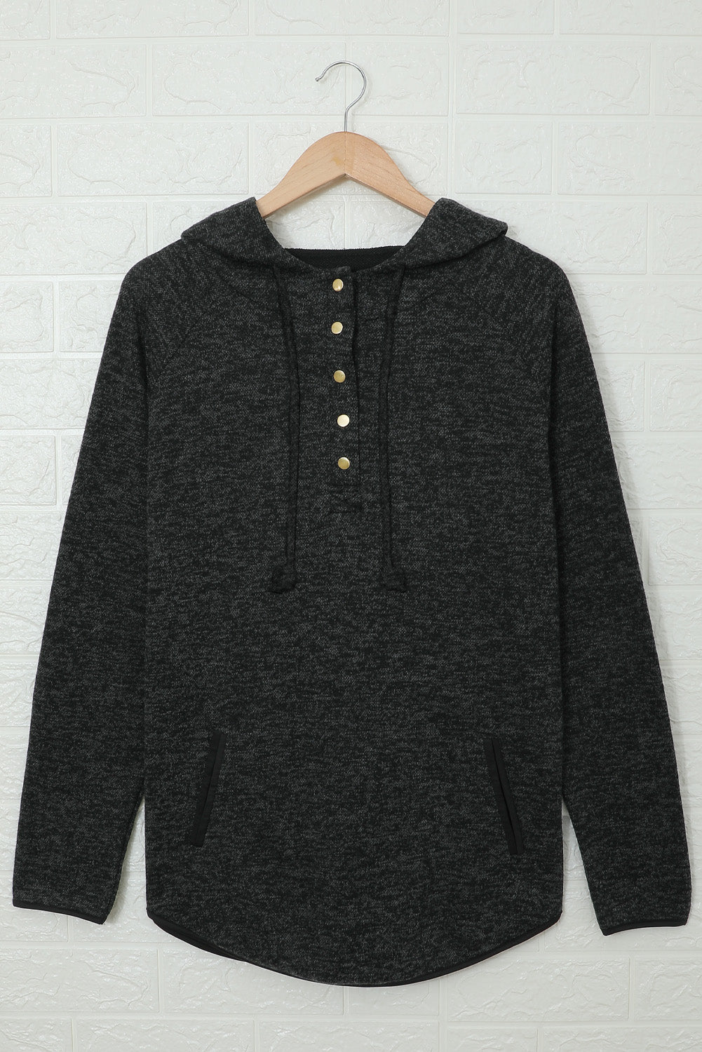 Black Heathered Print Button Snap Neck Pullover Hoodie