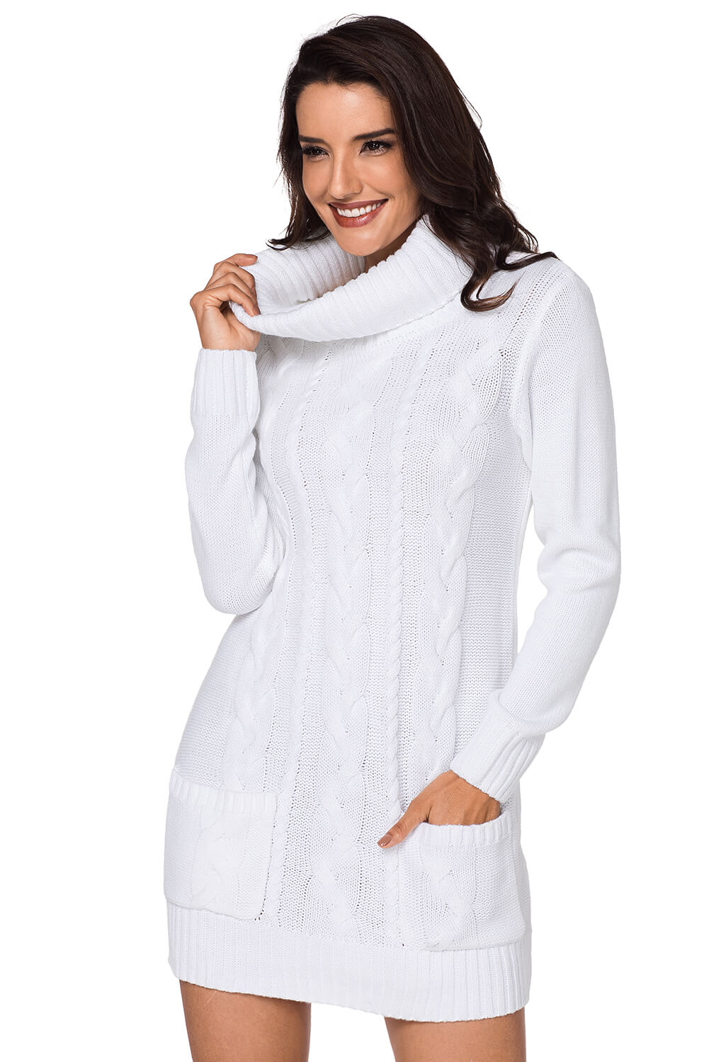 White Cowl Neck Cable Knit Sweater Dress