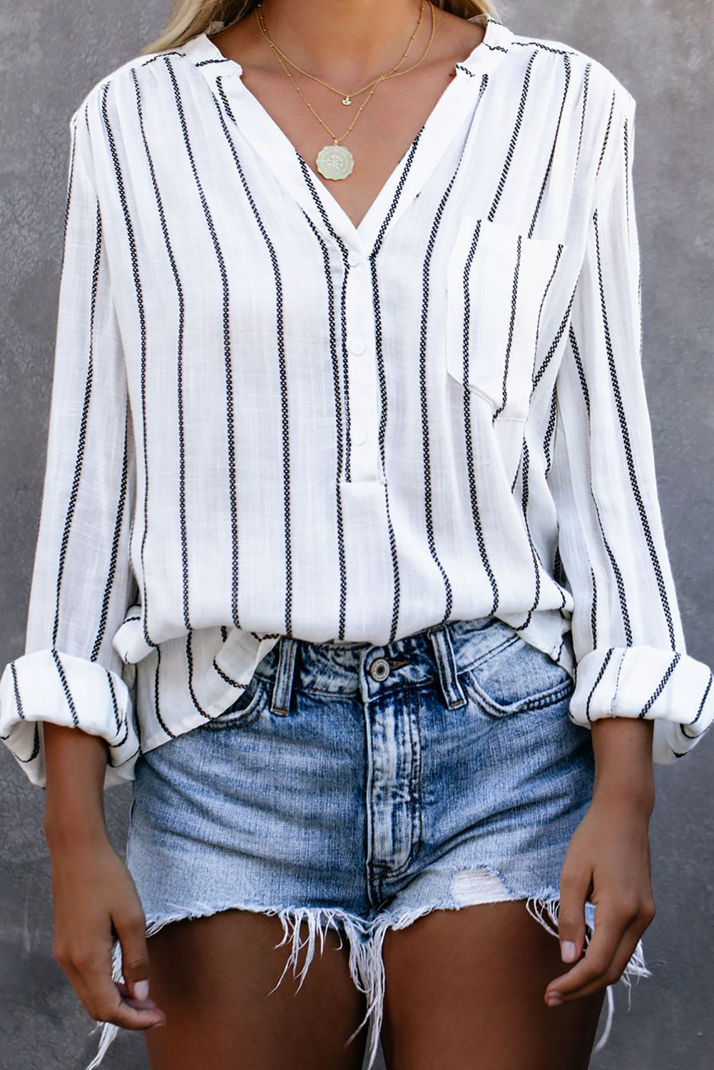 Multicolor Striped V Neck Pocket Long Sleeve Top