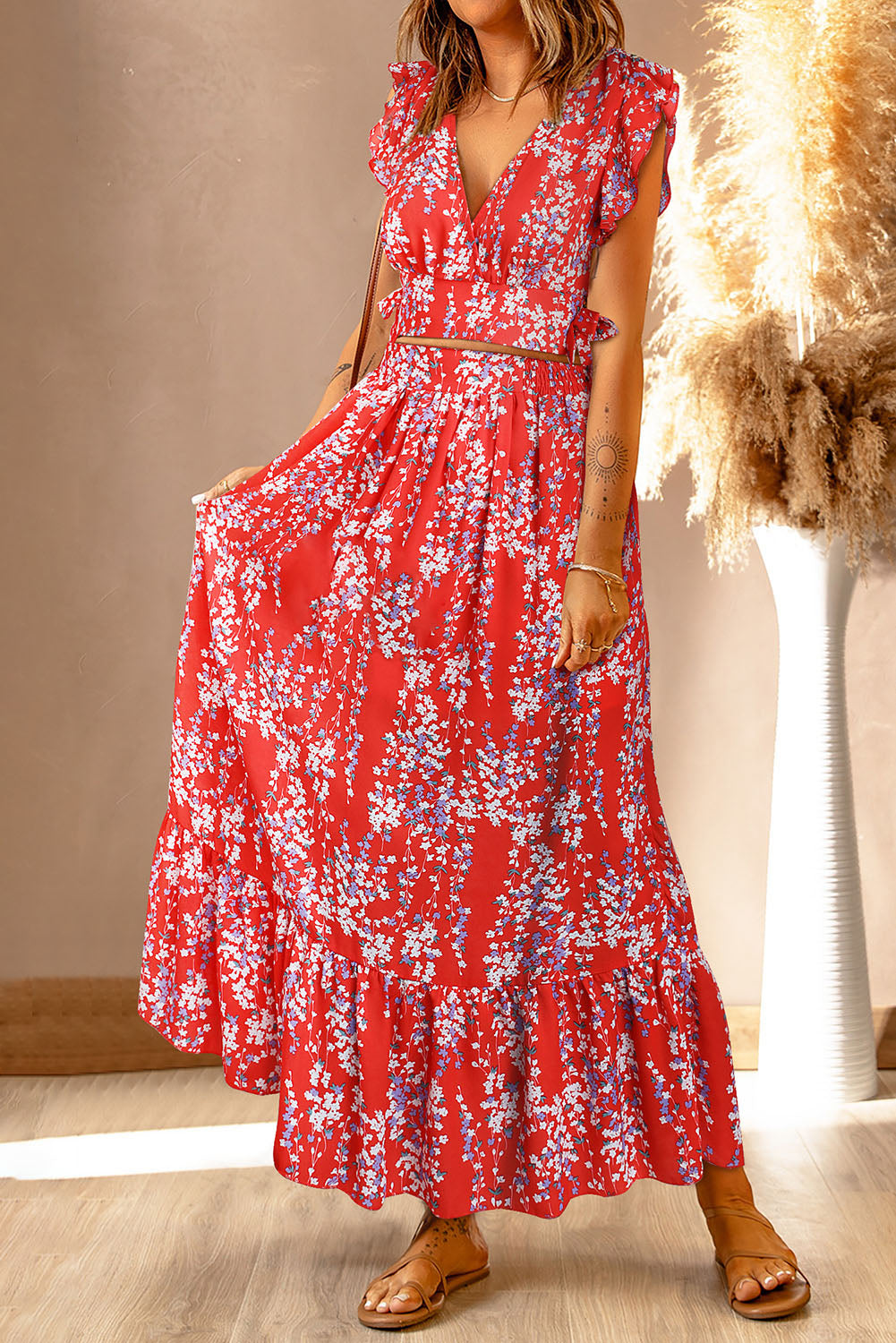 Multicolor Floral Ruffled Crop Top and Maxi Skirt Set