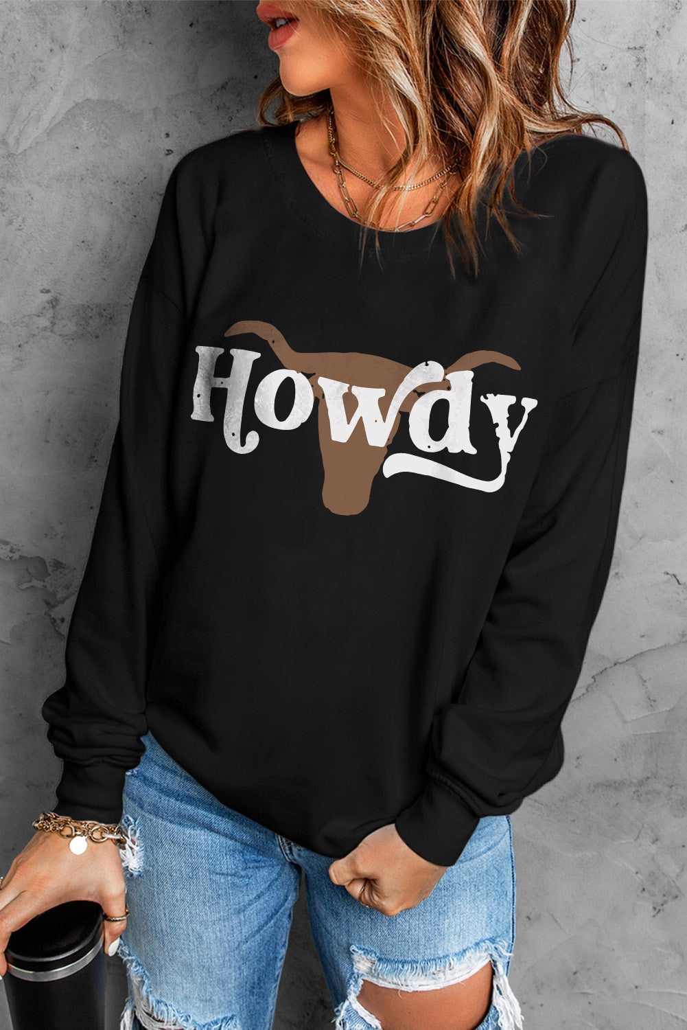 HOWDY Steer Head Print Long Sleeve Sweatshirt