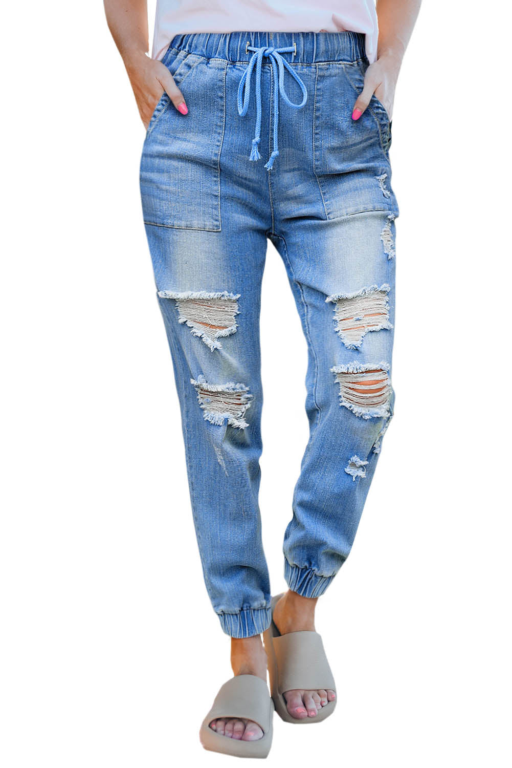 Sky Blue Pocketed Distressed Denim Joggers