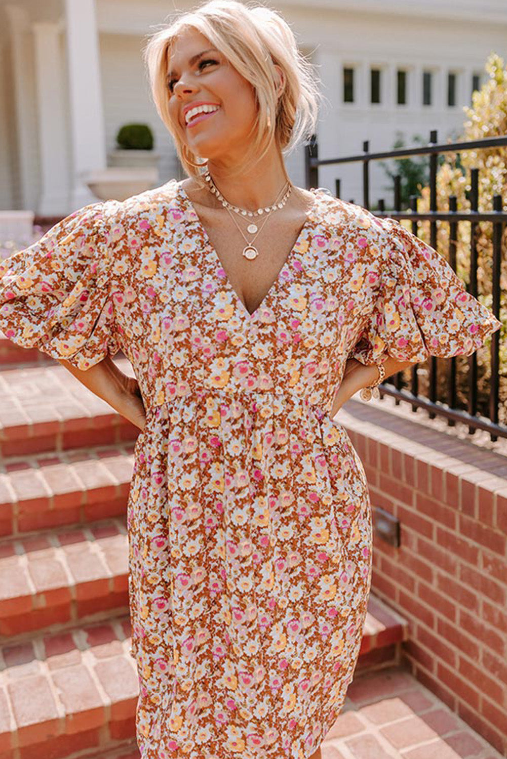 Multicolor Plus Size Floral Print Puff Sleeves Dress