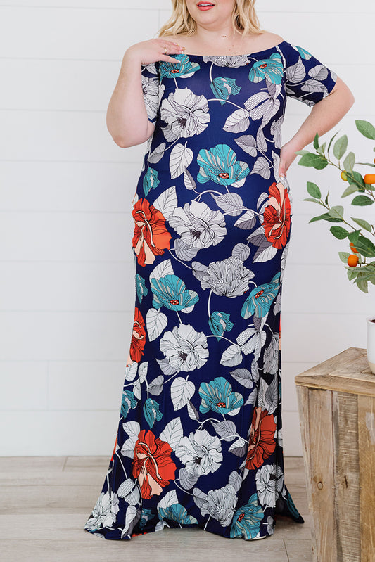 Green Off-the-shoulder Floral Print Plus size Maxi Dress