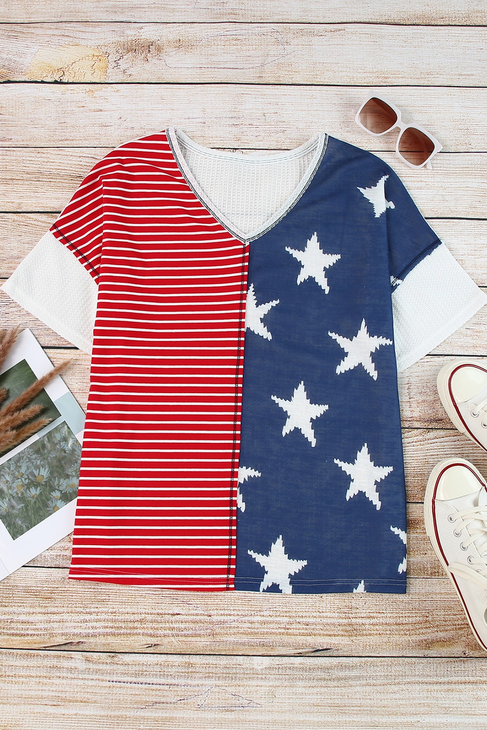 Blue Stripes Stars Print Knit Short Sleeves Top