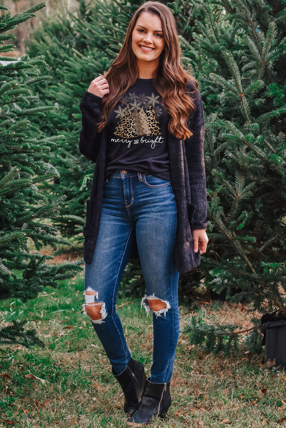 Leopard Christmas Tree Graphic Print Crew Neck T Shirt