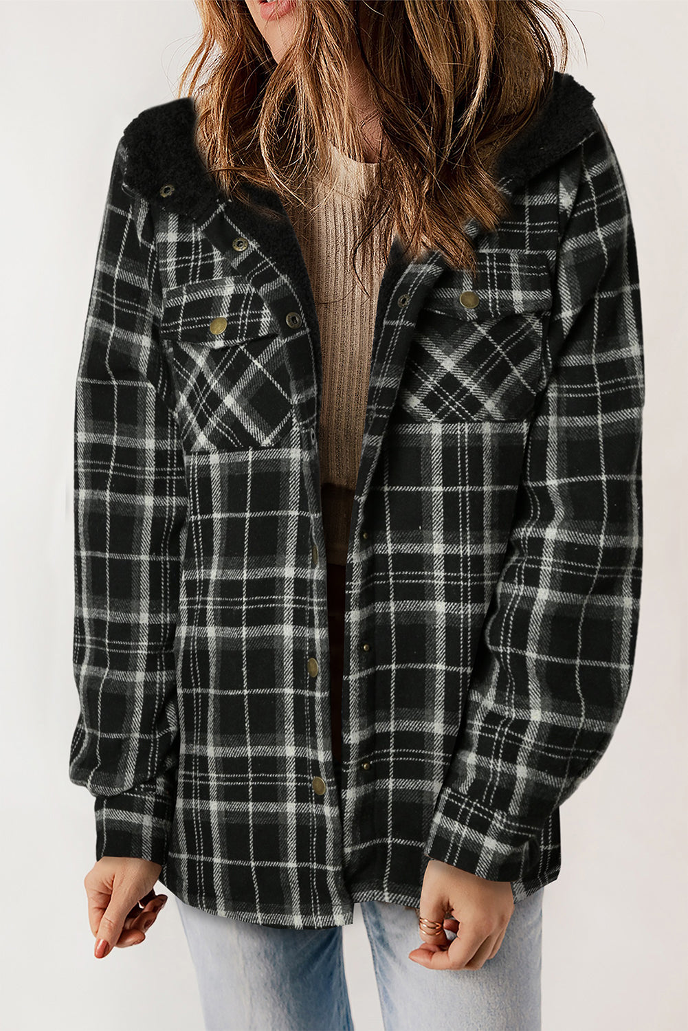 Blue Plaid Pattern Sherpa Lined Hooded Shacket